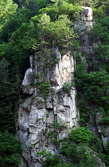 승부역 강변 건너편 산에 자리한 용관바위 